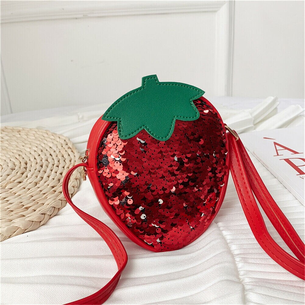 Nuovo Bella Dei Bambini Del Capretto Ragazze Bling Paillettes Borsa A Tracolla Della Borsa Borse A Tracolla di Cuoio DELL'UNITÀ di elaborazione Crossbody Piccole Paillettes Frutta Borse: Rosso