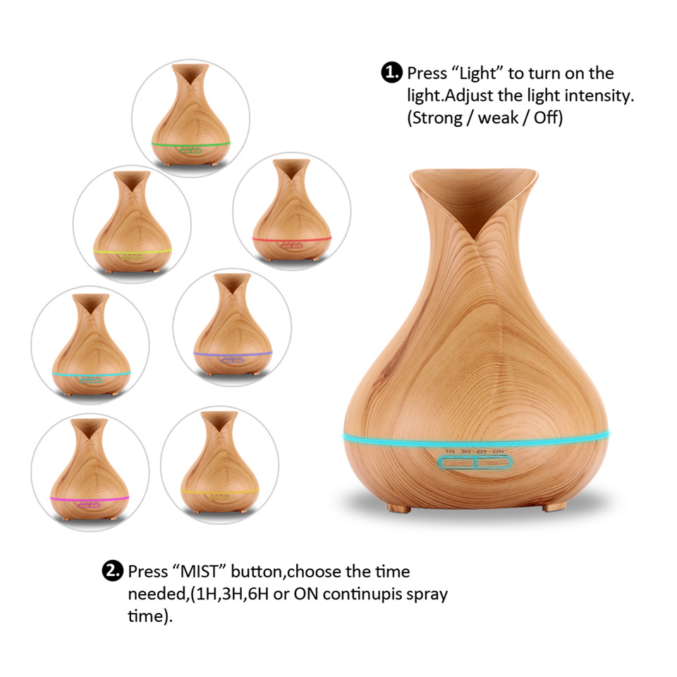 Vase Shape Essential Oil Diffuser 500ML Air Humidifier Wood Grain 7 Color LED Light Ultrasonic Cool Mist Maker Aroma Diffuser