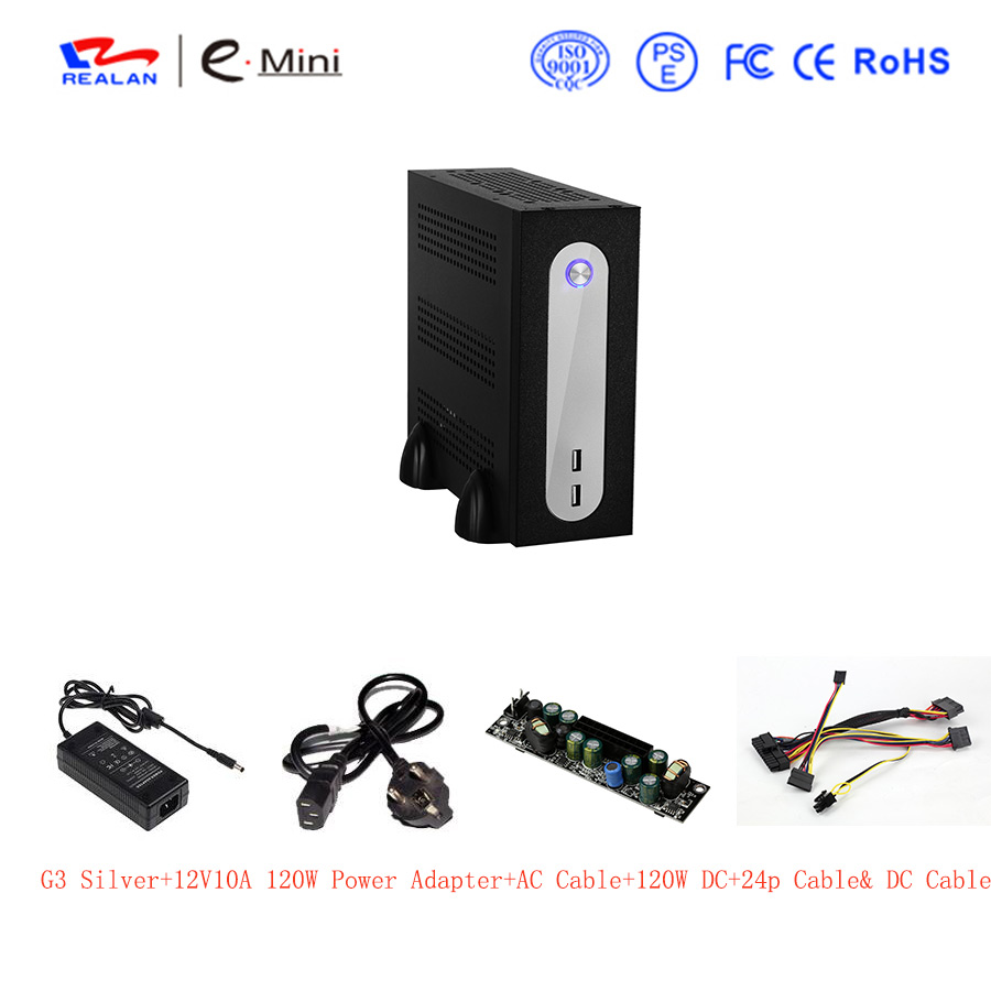 Realan G3 Silver Mini ITX Desktop Tower With Power Supply, 6 COM Ports SGCC 0.5mm Computer Tower Case: Silver 120W Adapter