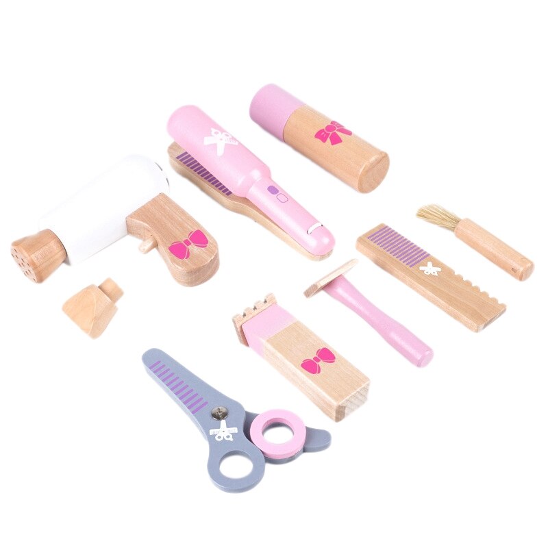 10 Pcs Wooden Pretend Play Beauty Hair Stylist Playset for Kids Role Play Haircut Toy Simulation Styling Tools Toys