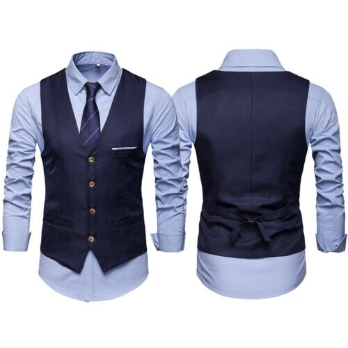 Mode Mannen Formele Casual Business Vest Pak Slanke Double-Breasted Plaid Vest Jas Plus Size: Marineblauw / L