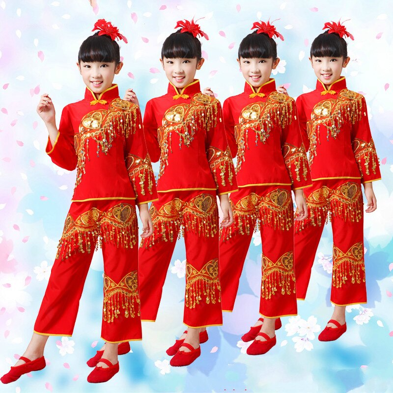 Chinese Klassieke Dans Jurk voor Meisje Nationale Yangko Dans Kostuums Chinese Traditionele Kostuum Kinderen Prestaties Kleding