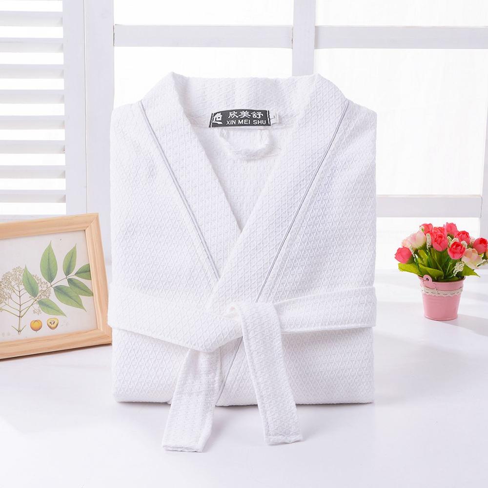 Elskere vaffel badekåpe kimono kappe menn sommer badekåpe suge svette herre morgenkåpe herre lounge robes tynt nattøy: Hvit-hvit linje / M