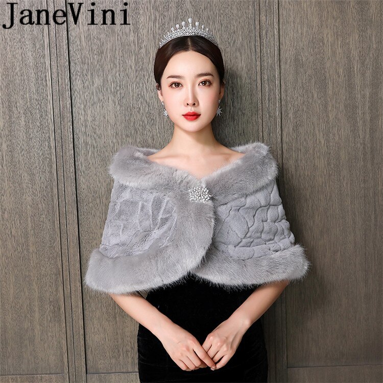 JaneVini Gray Fur Bridal Cape Women Bolero Femme Winter Wedding Dress Shrugs Shoulder Wraps Bride Faux Fur Shawls Stoles