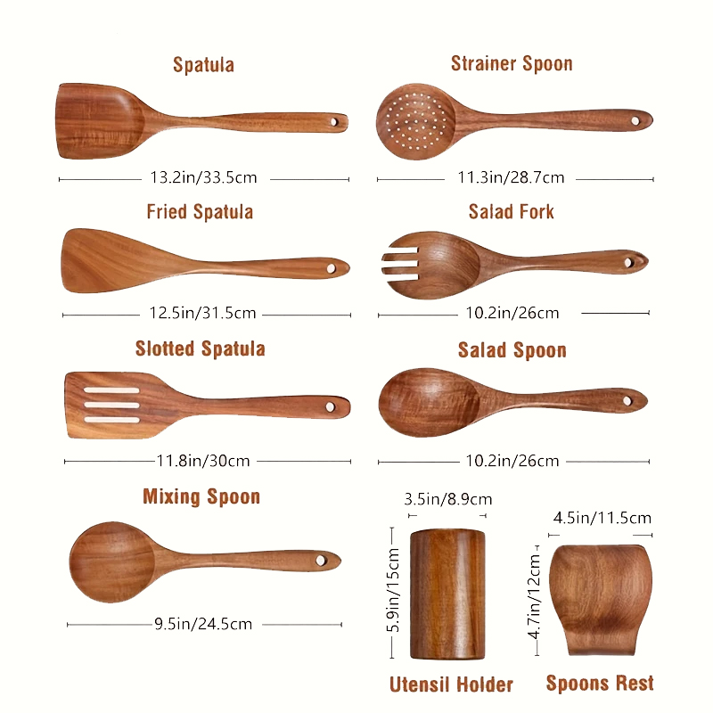 4/7/9 Uds cucharas de madera para cocinar utensilios de madera para cocinar con soporte para utensilios juego de utensilios de cocina de madera de teca