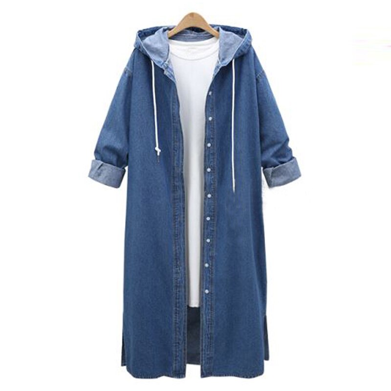 Women Loose Long Sleeve Hooded Denim Jacket Coat Ladies Casual Buttons Long Jean Coat Cardigan Outwear Tops