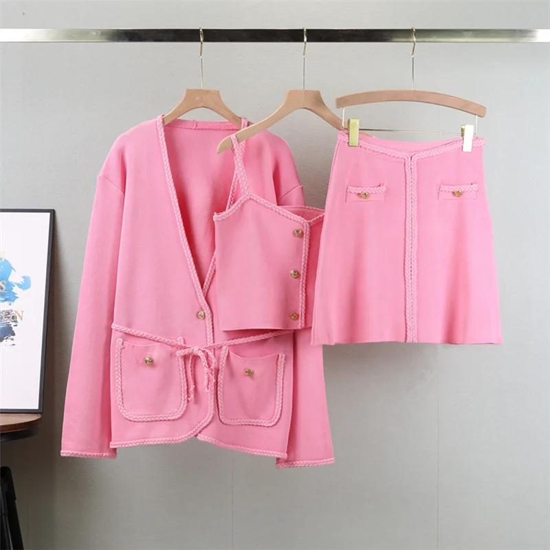Tredelt sett streetwear strikket søte dame genser cardigan + kamisole + skjørt sett strikket 3 deler kommode ensemble femine: Rosa