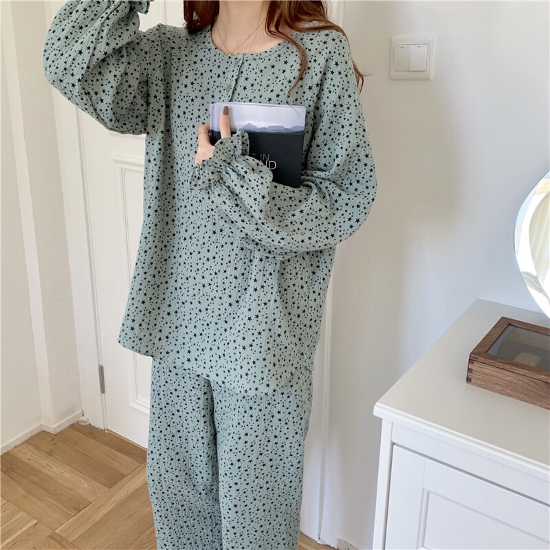 2 piece set sleepwear soft spring autumn pullovers pijamas stars print loos pajamas set homewear