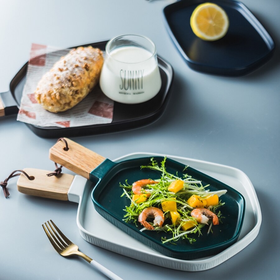 MUZITY Ceramic Plates With Wooden Handle Pigmented Irregular Porcelain Dish Plate Dinner Set