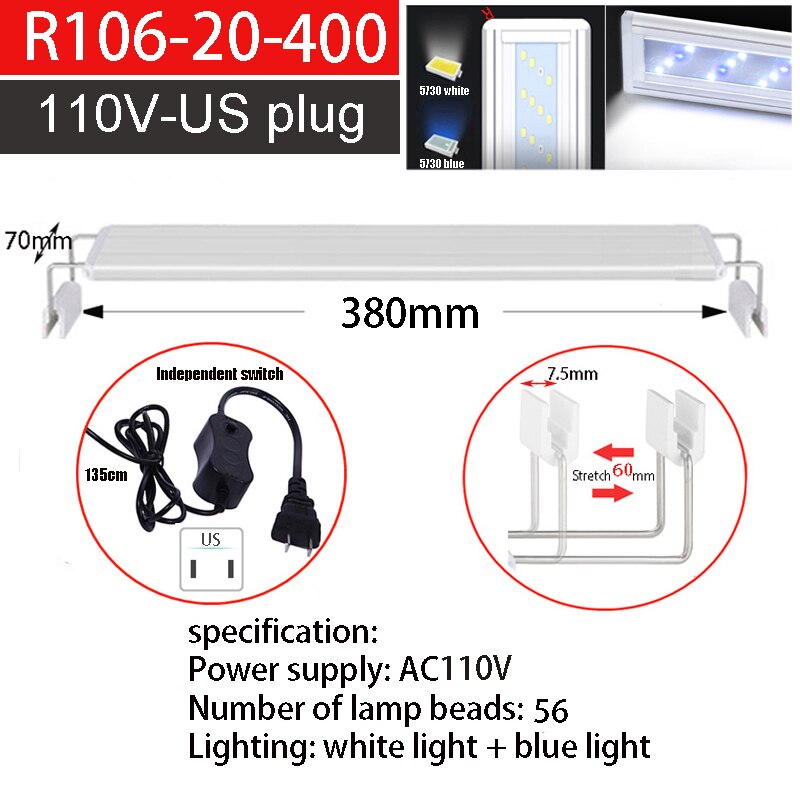 Aquarium Water Aquarium 20-60Cm Water Tank Led Verlichting, wit En Blauw Licht Ultra-Dunne Telescopische Vis Tank Beugel Lichten: R106-400-110vUS plug