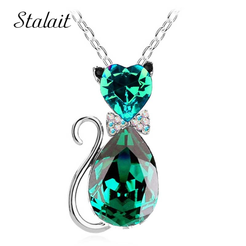 Leuke Kat Hanger Ketting Voor Vrouwen Hart Crystal Sieraden Oostenrijkse Kristal Sleutelbeen Keten Ketting