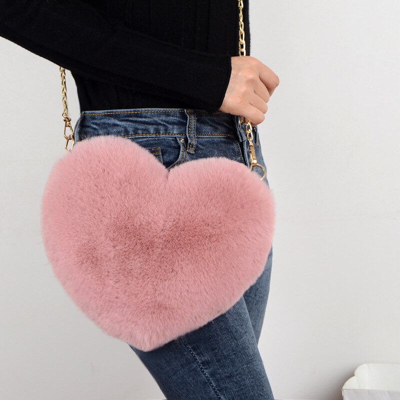 femmes en forme de coeur fausse fourrure bandoulière portefeuille sac à main chaîne sac à bandoulière dame sac à main