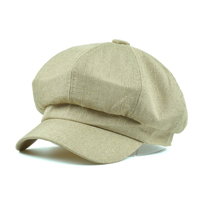 Showersmile bomuld linned nyhedsdreng hætte sommer beret hatte til kvinder britisk stil solid sort ottekantet hue damer bager dreng hat: Lys khaki