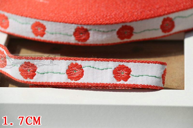 1.7 cm 17mm 3/4 ''Delicate Dikke Sterke Wit Rode Bloem Bilaterale Martingaal Trim Nationale Jacquard Lint Geweven singels