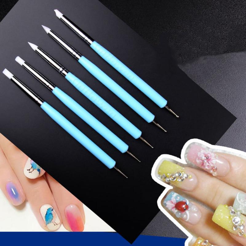 5 Stks/set Nail Art Borstel Set Double Head Silicone Rhinestone Nail Art Brushe Potlood Nail Art Verf Pen Diy Nail manicure Tool