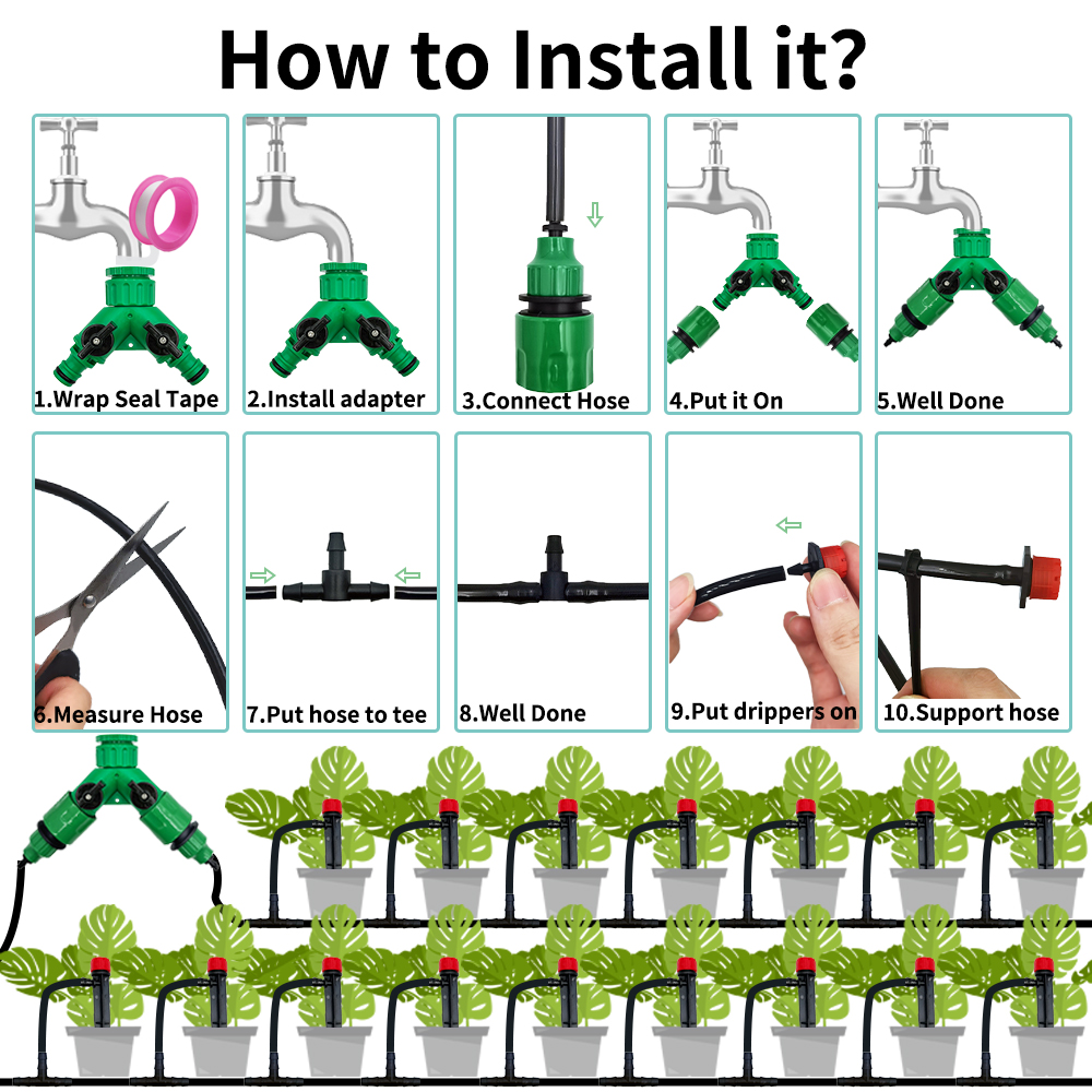 Kit de riego por goteo para jardín, boquillas de sistema de riego automático para tierras de cultivo, bonsái, plantas, flores, verduras, invernadero, 1/4 pulgadas, 10-30M