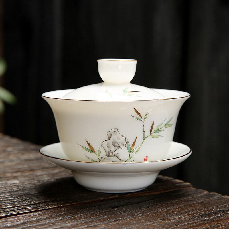 Bol couvert en Jade gras de mouton, porcelaine blanche de couleur surémaillée, Kung Fu, service à thé, service à thé en céramique,: 02 10.2x8.5cm 140ml