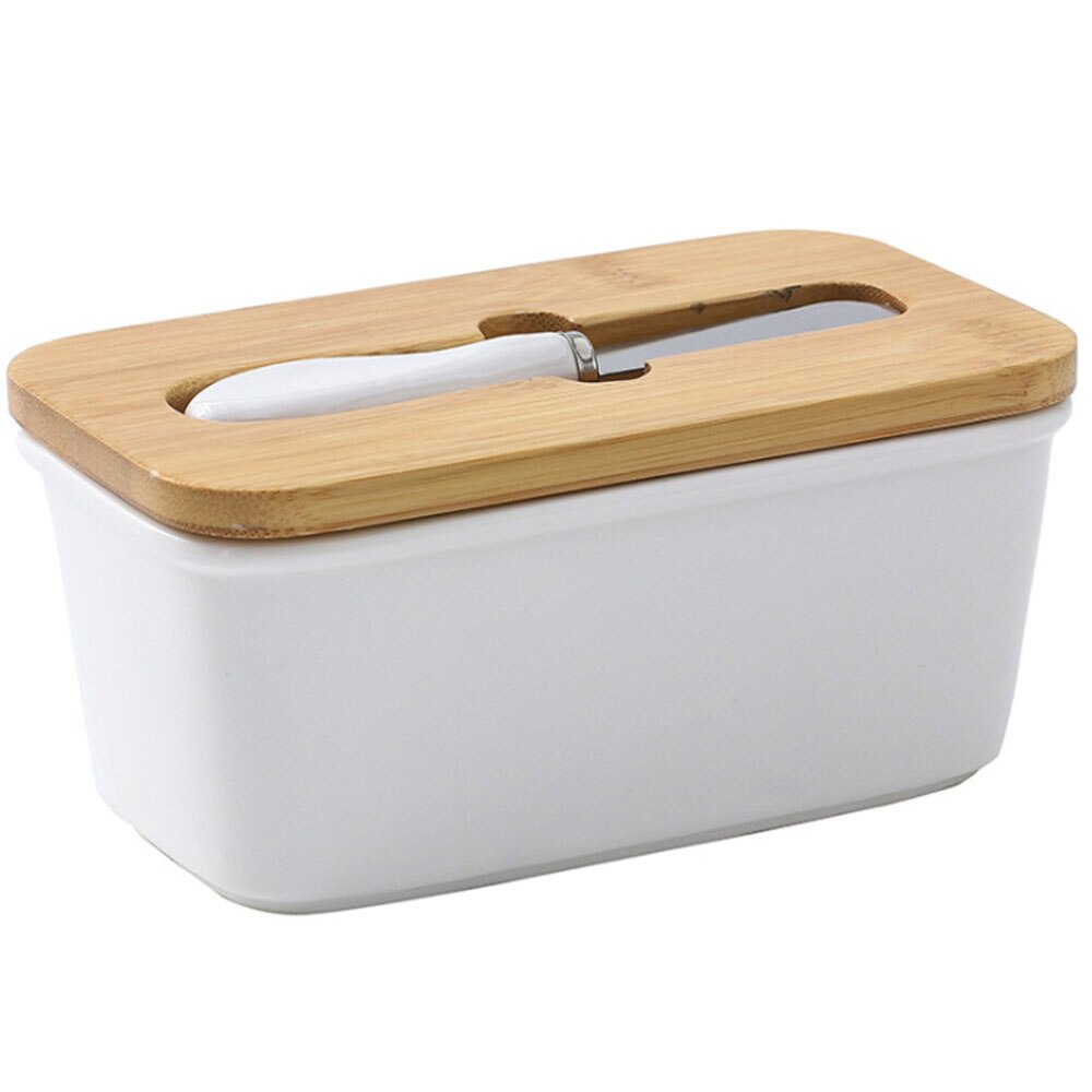Butter Sealing Box Ceramic Butter Plate with Wood Lid and Knife Cheese Storage Tray Butter Dish Container Box