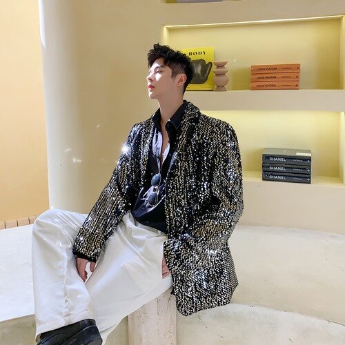 Vintage décontracté costume ample manteau pardessus hommes Sequin mâle scène spectacle Blazer veste d'extérieur femmes Blazers vestes B75: XXL