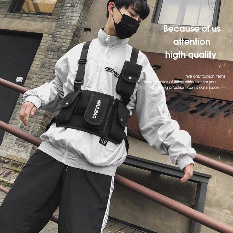 Saco de equipamento de peito feminino pacote de cintura hip hop ombro crossbody homem west vest peito preto streetwear sacos