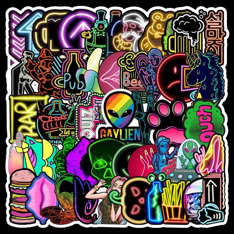 FFFAS 53 Pieces Neon Waterproof Laptop Sticker Reusable DIY Bus Motorcycle Notebook Computer Stickers
