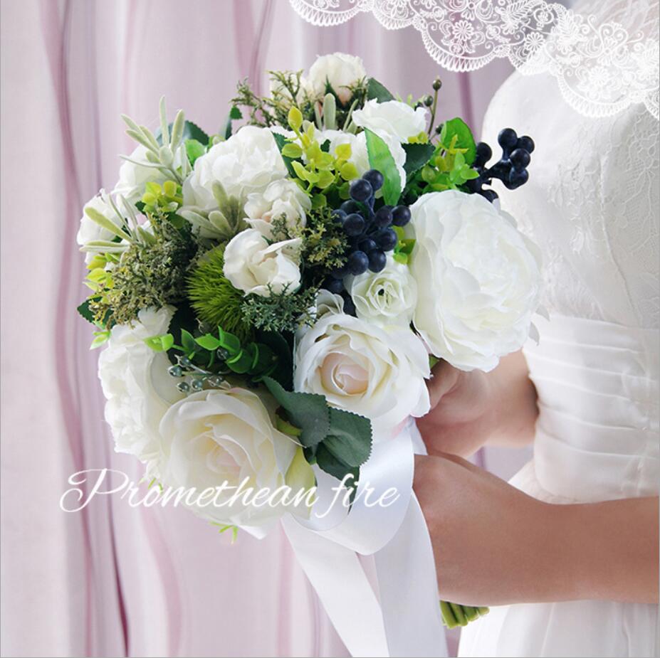 AYiCuthia Romantic Wedding Bouquet With Ribbon Artificial Blue Flowers Bridal Accessories Flowers S38