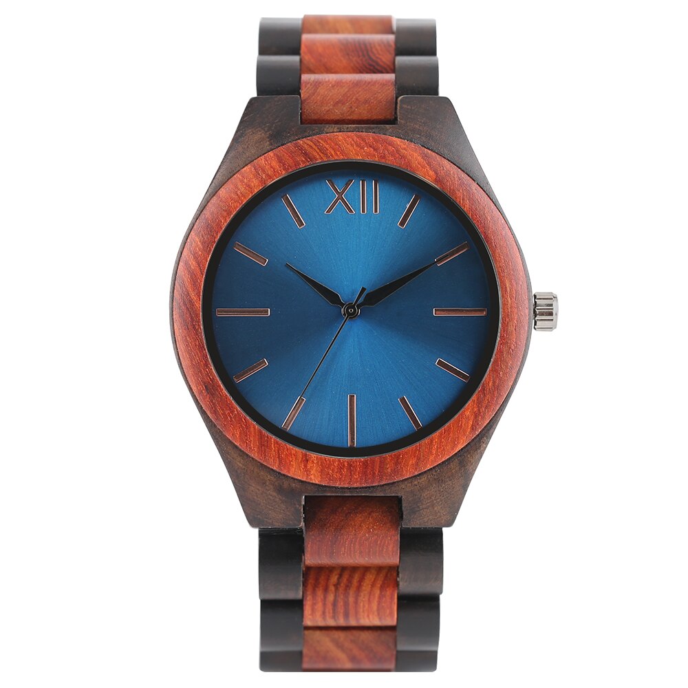 Houten horloges volledig houten band saffierblauw/donkerbruine wijzerplaat quartz horloge handgemaakte polshorloges heren dames: Saffierblauw