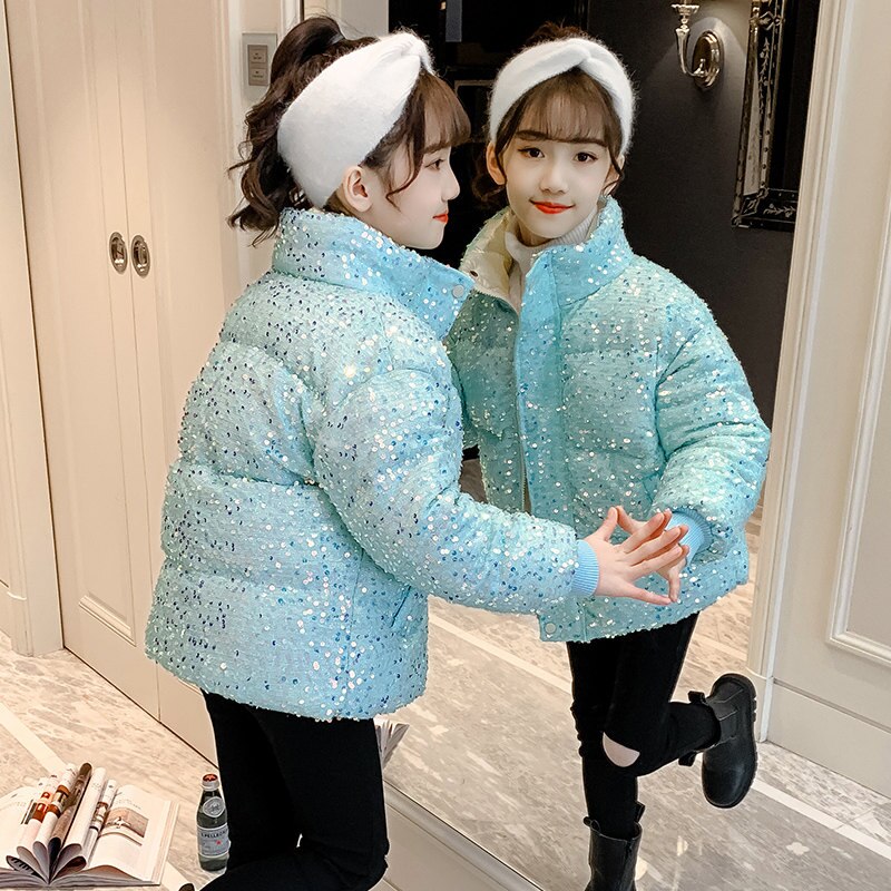Chaqueta de lentejuelas de colores brillantes para niños, adolescentes y niñas abrigo para, ropa cálida y gruesa, prendas de vestir a la con lentejuelas, novedad de invierno