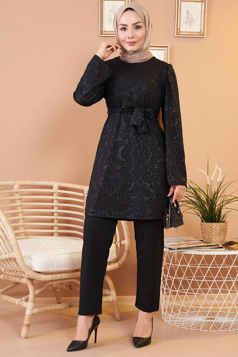 Self-Printed Double Suit Zero Collar Belted Seasonal Hijab Clothing Muslim Women Wedding Engagement Dining Daily