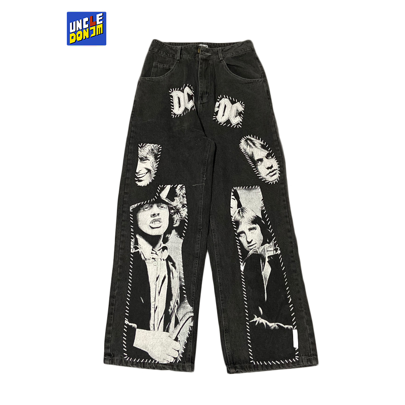 Uncledonjm high street patchwork printede jeans ins hip hop brede ben bukser mænd hip hop jeans mænd 8009