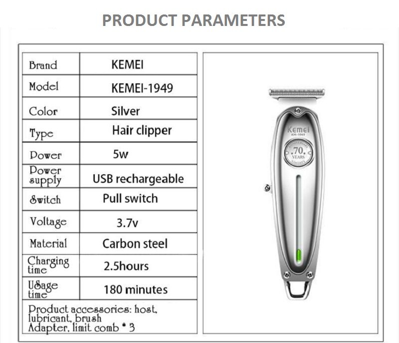 Kemei KM-1949 – tondeuse à cheveux professionnelle pour hommes, rasoir électrique sans fil, USB, lame en T, sculpture de la tête chauve, Machine pour couper les cheveux
