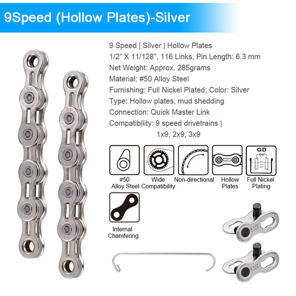 Road Bike MTB Bicycle Chain 8/ 9/10 /11 Speed Hollow Ultra Light Chain Bicycle General Chain Variable Speed Half Hollow Chains: 9 speed hollow