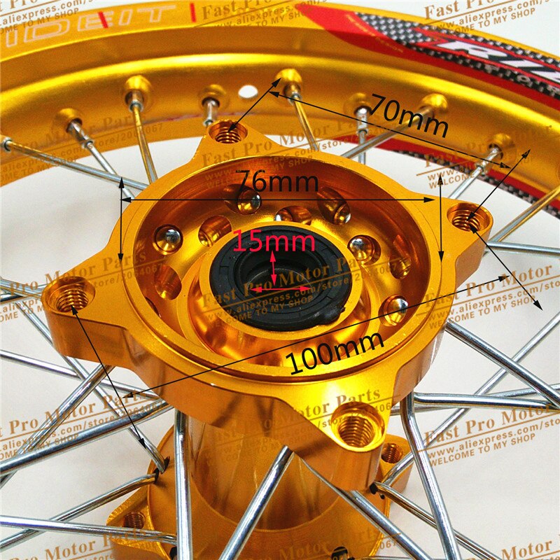 Jantes arrière 1.85x14 pouces en alliage d'aluminium | Jantes plaques de disque, moyeu en forme de en or, 14 "32 rayons, pour les pièces de rechange, pit bike