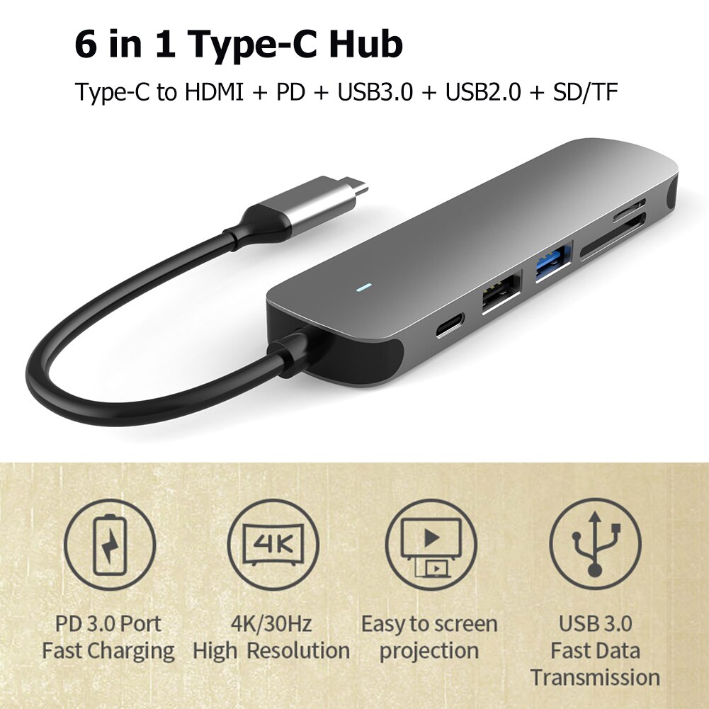 USB Type C Dock Station HDMI for Laptop 6 in 1 USB Type C Hub Adapter with 4K HDMI USB 3.0 2.0 PD Charging Card Reader