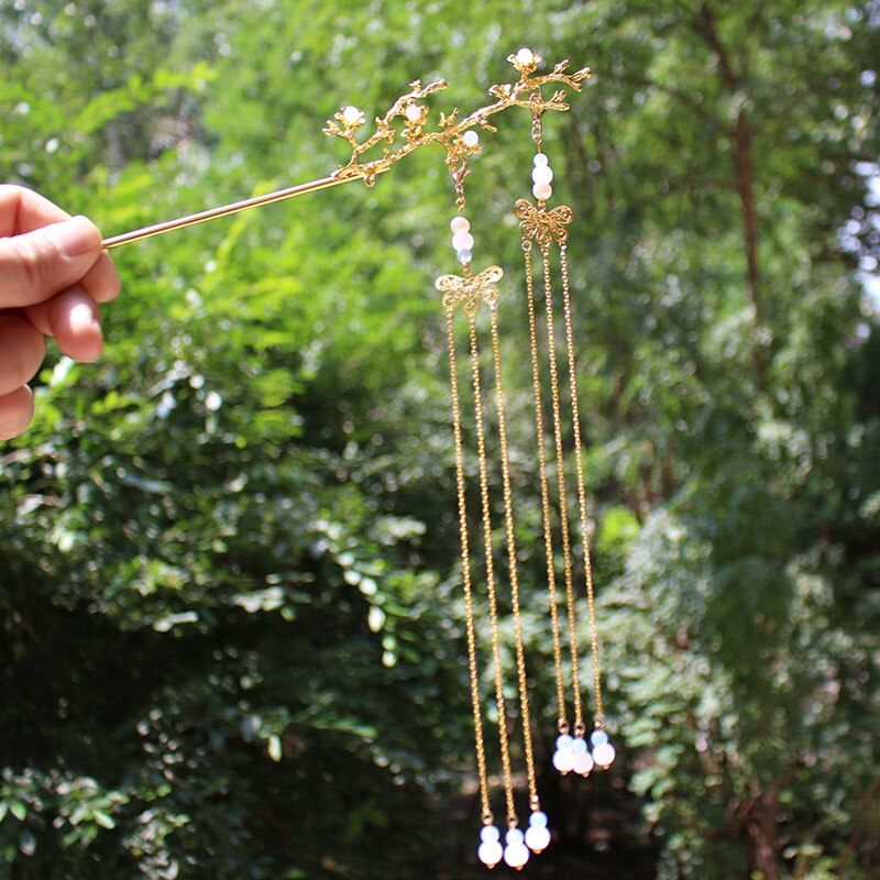 Ancient style Hairpin Hair Stick Step shake Hanfu accessories Headwear Super fairy Kanzashi Long Tassel Handwork Hair Ornaments: Gold  A