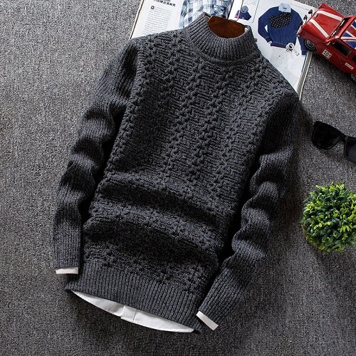 Winter Men's Sweater Male Slim Fit Knitted Pullovers Solid Color Casual Thick Warm Mens Christmas Sweaters Knitwear: Dark grey / M