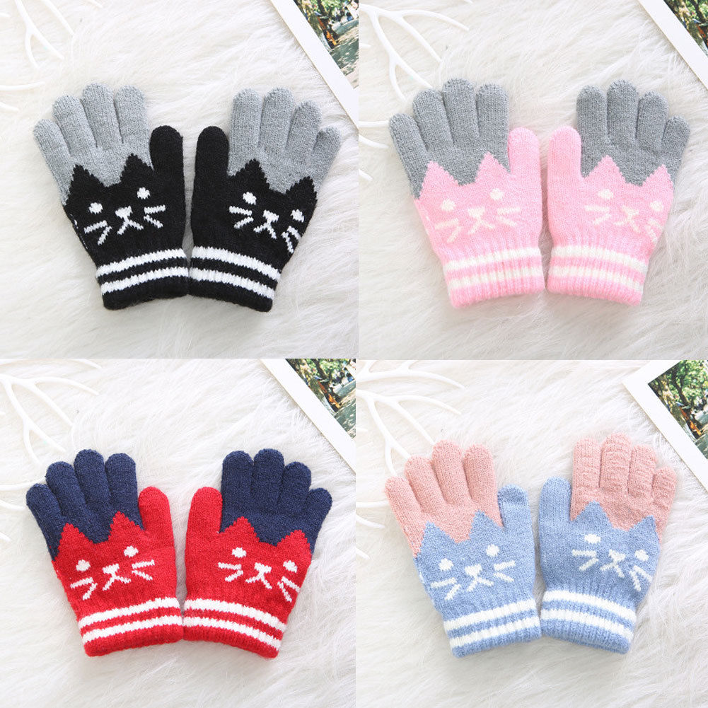 Boys Girl Children Warm Knitted Gloves Winter Thick Full Mitten Finger Protector