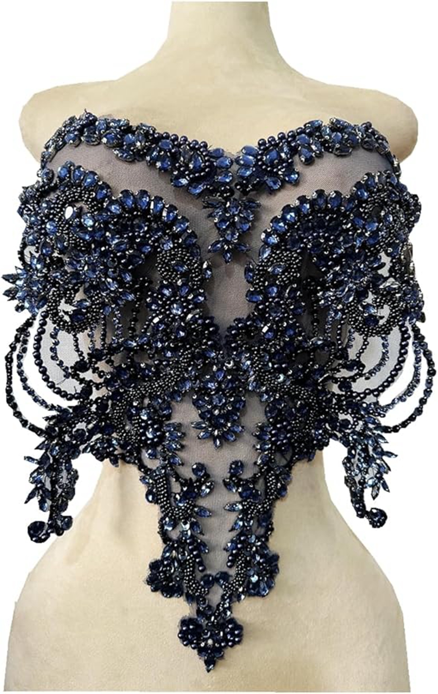 Pedrería hecha a mano dorada/azul/Verde/ren/blanca en corpiño de encaje, apliques de cuentas de costura, parches de adorno de piedras, accesorio para vestido: Azul marino