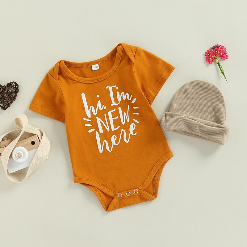 Vestiti estivi della tuta della manica corta del collo rotondo della stampa della lettera del pagliaccetto dei neonati delle neonate con il cappello