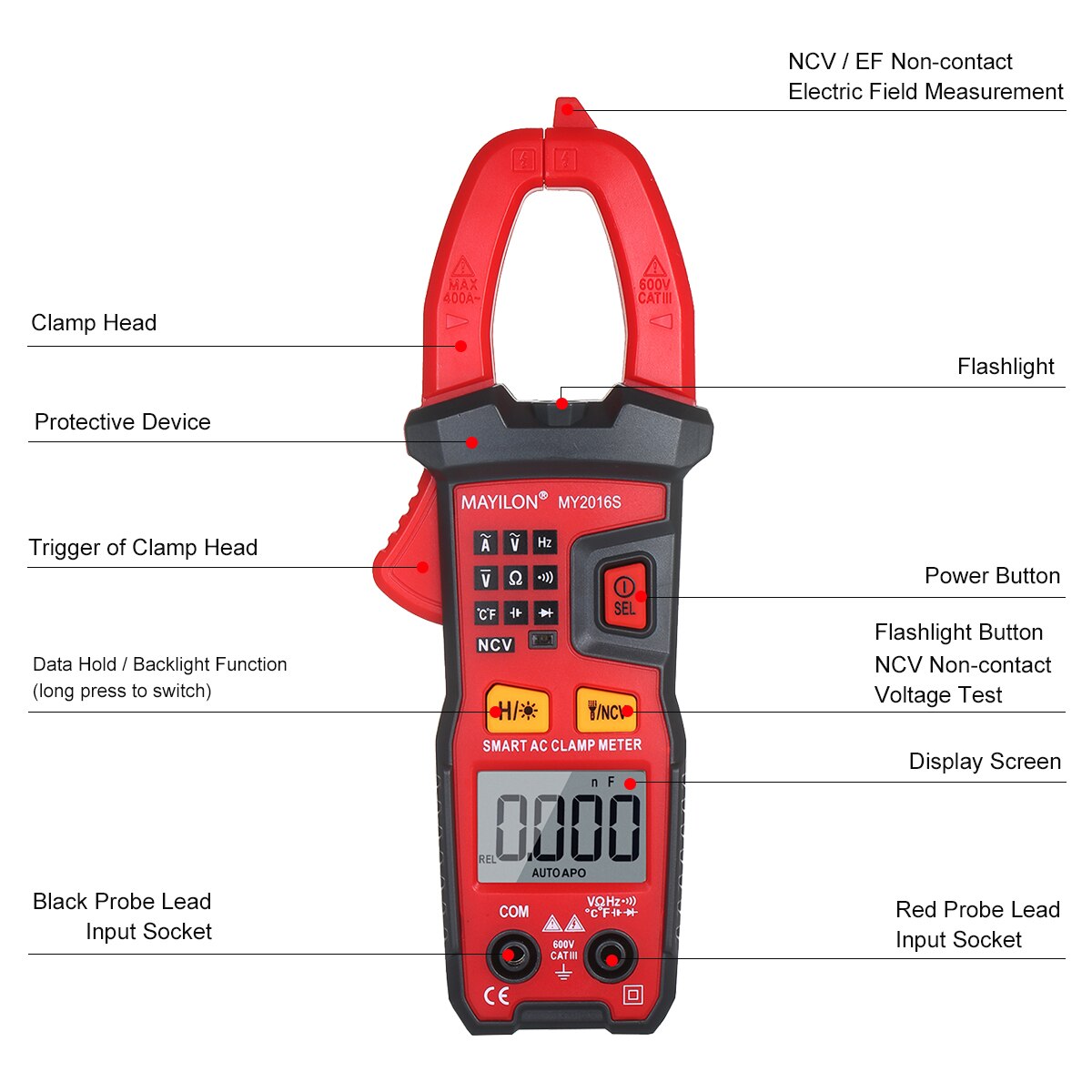 Digital AC Current Clamp Meter 6000 Counts Automatic Range LCD Display Multimeter with Backlight Multifunctional Clamp Gauge