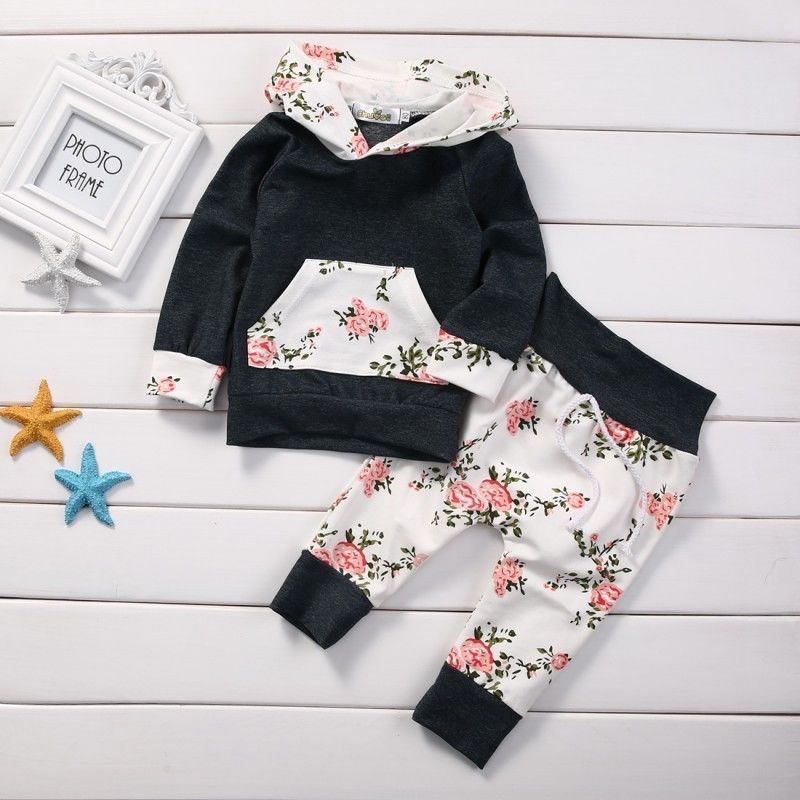 AA Summer Style Baby Clothes Set Newborn Baby Boys Girls Floral Hooded Tops +Long Pants Outfits 2PCS Clothes Set 0-24M