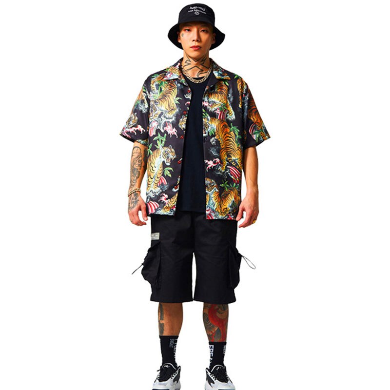 Skjorte med tigerprint til mænd sommer etnisk trend kortærmet top high street streetwear hawaiianske strandskjorter