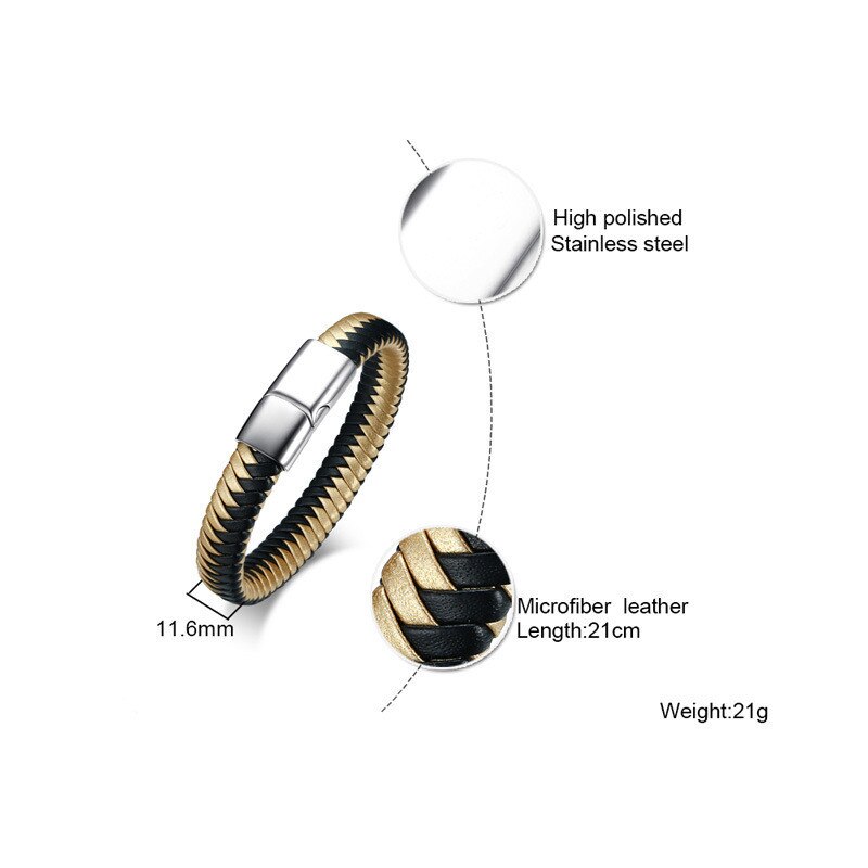 ZORCVENS 12mm Braided Leather Men's Bracelet Magnet Clasp Casual Male Woven Wrap Retro Bangle Stainless Steel Gents Wristband