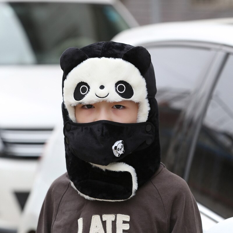 YA Bazar de Niños de dibujos animados sombrero lindo oso Panda de esquí sombrero boina de lana de punto de cara máscara sombrero invierno sombrero: Black