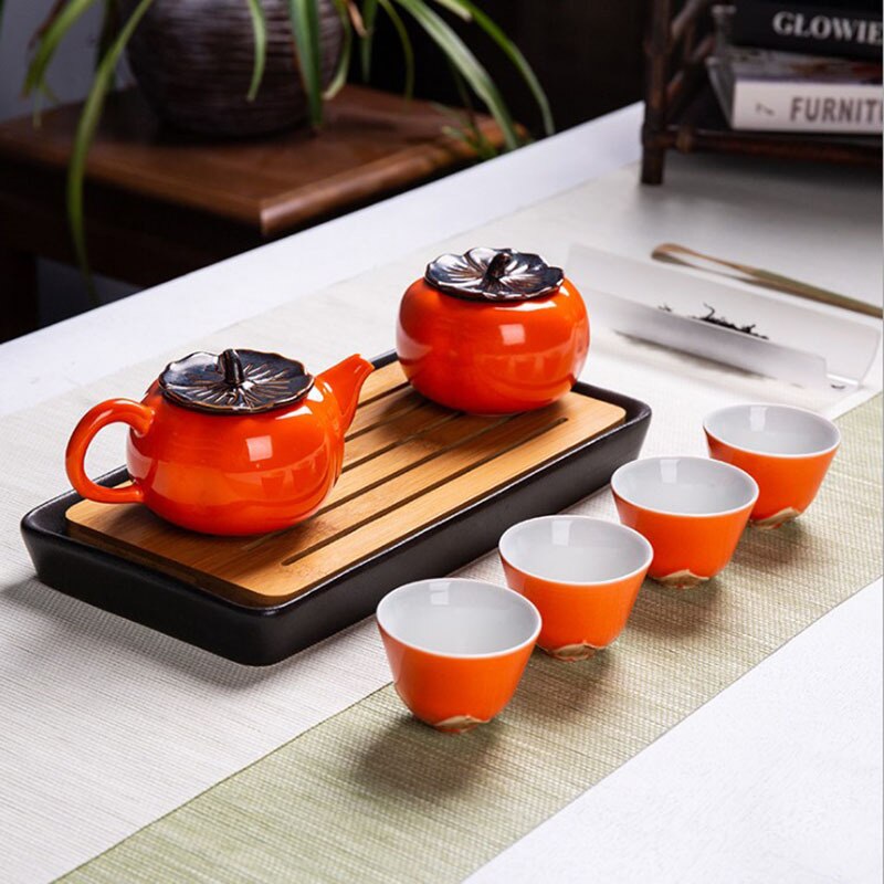 Persimmon Tea Set Chinese Tea Set Tea Pot Tea Can and Cups for Business
