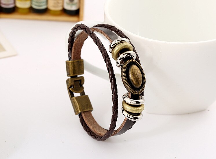 Vintage Beads Charm Bracelet Handmade Woven Gold Plate Leather Bracelets & Bangles For Women Men Jewelry Accessory: oval shape charm