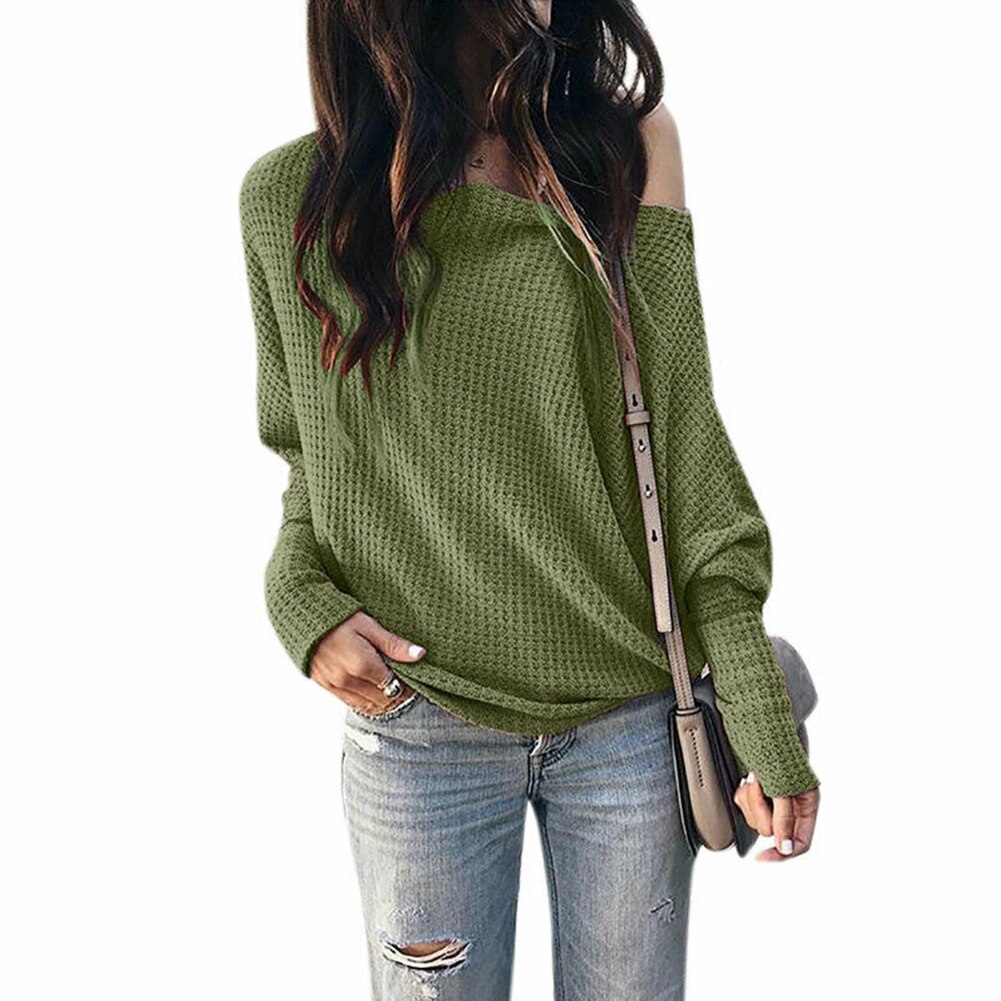 Kvinder solid skæv krave sweater blødt lanterne ærme hjem shopping bomuld blanding afslappet slim fit outwear off shoulder dagligt kontor: Militær grøn / M