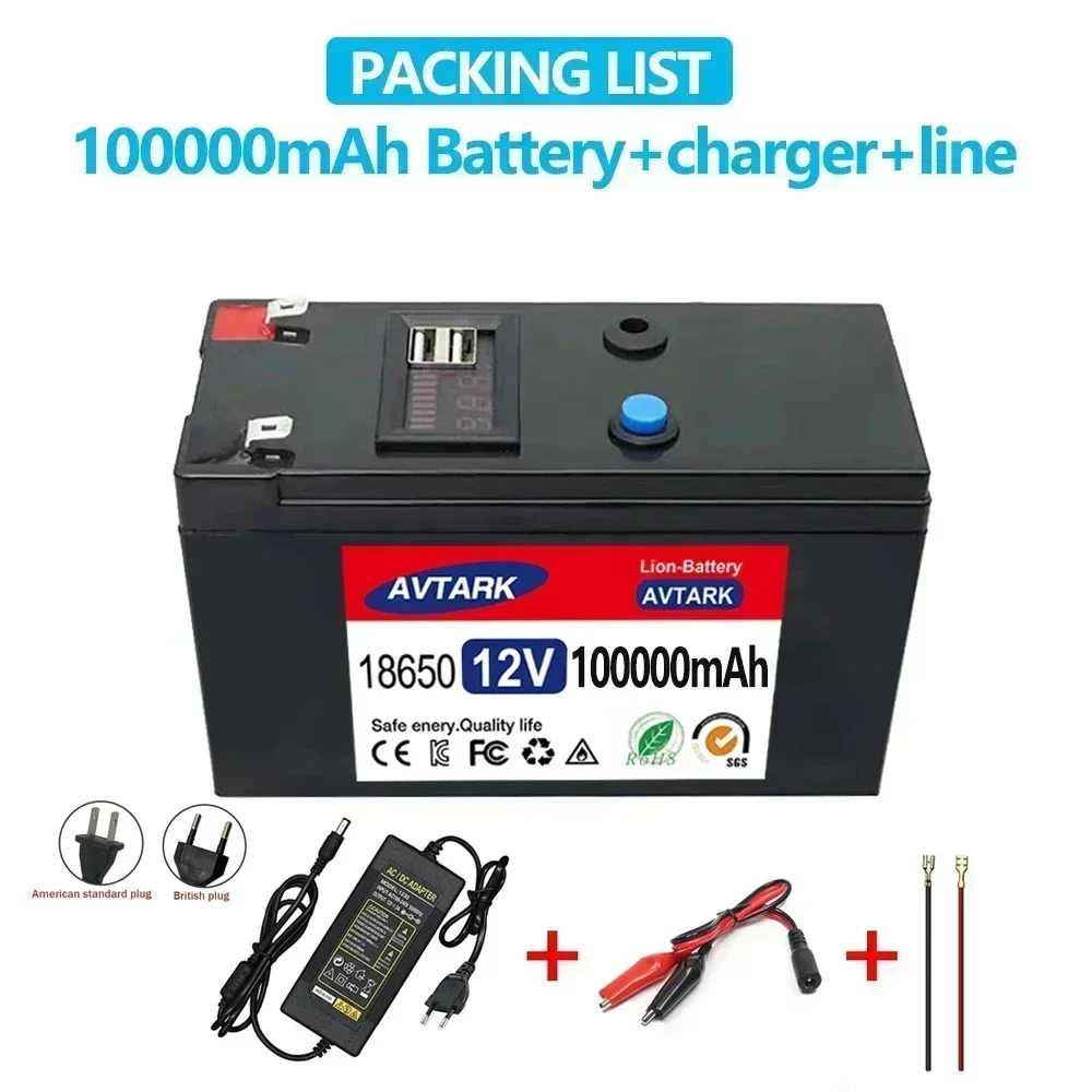 NEUER 12-V-Akku 120 Ah 18650 Lithium-Akku Wiederaufladbarer Akku für Solarenergie-Elektrofahrzeugbatterie + 12,6 V 3 A Ladegerät: Blau