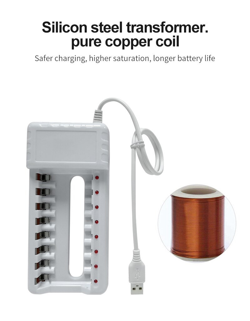 PUJIMAX Rechargeable Battery Charger USB Output 8 Slots Fast Charging Short Circuit Protection suitable for AAA/AA Battery Tools