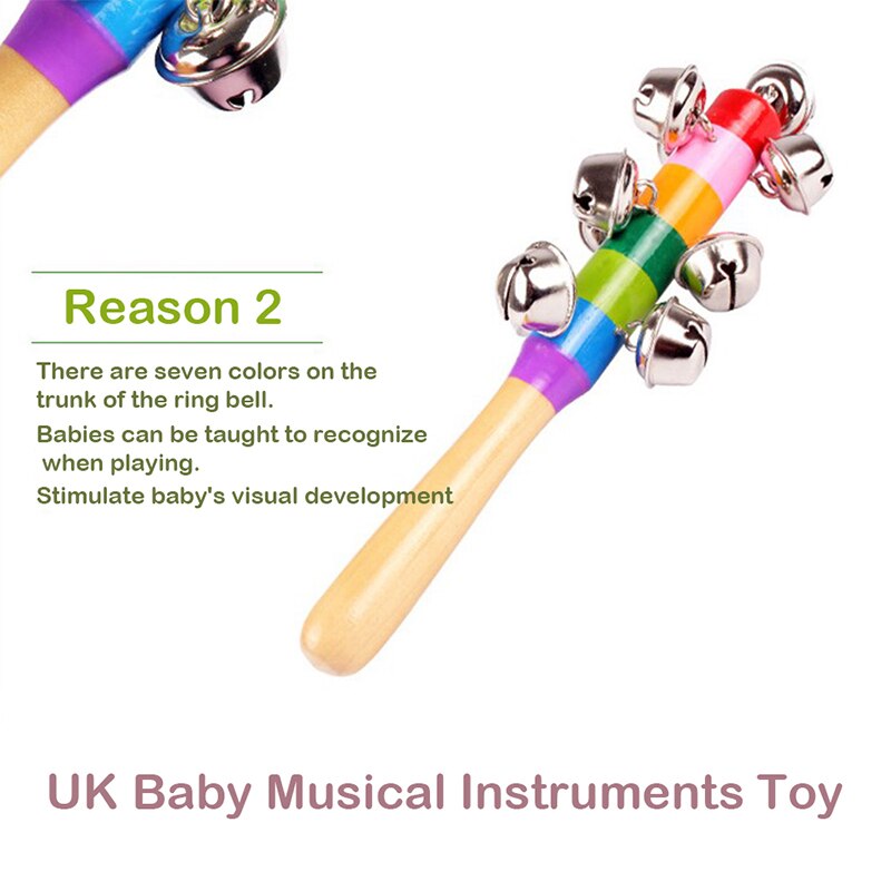 1 pc Wooden Stick 10 Jingle Bells Rainbow Hand Shake Bell Rattles Baby Kids Children Educational Toy